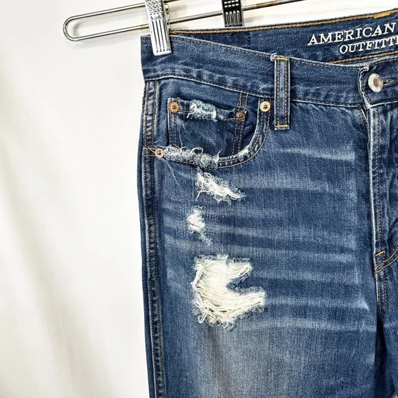 American Eagle Outfitters Size 8 Jeans Long Distressed High Rise Flare Blue 763 - Picture 5 of 11